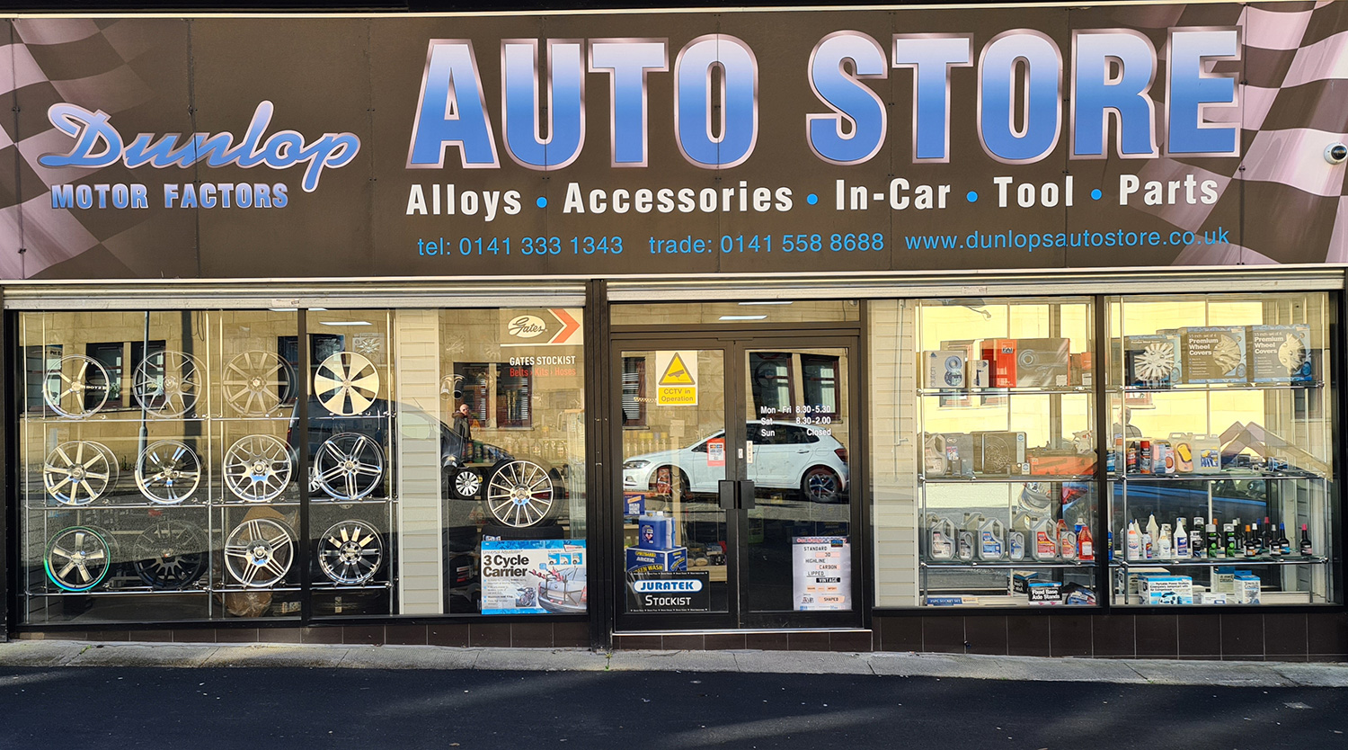 Dunlop Motor Factors Auto Store shop front in Springburn, Glasgow